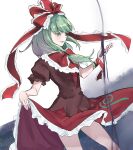  1girl arm_ribbon bow frilled_bow frilled_ribbon frills front_ponytail green_eyes green_hair hair_bow hair_ribbon kagiyama_hina kanaria_(bocmn) lifted_by_self puffy_short_sleeves puffy_sleeves red_bow red_ribbon ribbon short_sleeves smile solo touhou 