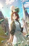  1girl animal_ears blue_sky brown_hair church clouds clover clover_(flower) clover_hair_ornament fine_motion_(umamusume) flower green_eyes green_jacket hair_between_eyes hair_bun hair_ornament highres horse_ears horse_girl horse_tail jacket long_hair long_sleeves multicolored_hair murasaki_himuro saint_patrick&#039;s_day shamrock shirt skirt sky smile solo tail tree umamusume white_hair white_shirt white_skirt 