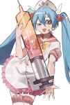  &gt;_&lt; 1girl :d bandaid bandaid_on_arm bandaid_on_face blue_hair bow bowtie brown_eyes commeowdore cowboy_shot dress fang hair_between_eyes hair_ornament hat hatsune_miku heart heart_hair_ornament highres holding holding_syringe large_syringe long_hair looking_at_viewer m@gical_cure!_love_shot!_(vocaloid) nurse nurse_cap one_eye_closed open_mouth oversized_object puffy_short_sleeves puffy_sleeves short_sleeves simple_background skin_fang smile solo sparkling_eyes standing syringe thigh-highs vocaloid white_background white_dress wings yellow_bow yellow_bowtie 