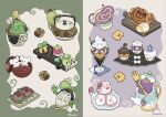  alcremie bounsweet bread clodsire coin commentary cup cupcake dachsbun dessert drifloon fidough fire food food_focus fork gimmighoul glass green_background highres holding holding_fork koepotan lettuce litwick macaron milcery mouse_(animal) multicolored_background no_humans parfait pokemon pokemon_(creature) poltchageist polteageist pumpkaboo purple_background purple_fire simple_background sinistcha sinistea slurpuff smoliv sunkern swirlix tandemaus white_background 