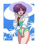 1girl :d ara_ara arm_at_side arm_up bare_legs blush bracelet breasts brown_hair calling closed_eyes green_one-piece_swimsuit hair_ornament hair_scrunchie highres hood hoodie jewelry long_hair medium_breasts one-piece_swimsuit palm_tree_print ranma_1/2 scrunchie shirt signature silver_jewelry simple_background smile swimsuit tendou_kasumi tied_shirt two-tone_background wanta_(futoshi) waving white_hat white_hoodie white_shirt 