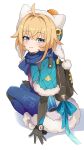  1girl absurdres ahoge animal_ears awe_(adorableduckyy) backpack bag black_gloves blonde_hair blue_bow blue_eyes blush bow capelet closed_mouth fake_animal_ears fur-trimmed_capelet fur_trim gloves hat highres honkai:_star_rail honkai_(series) hood looking_at_viewer lynx_landau official_alternate_costume pom_pom_(clothes) simple_background sitting smile snowflake_print solo virtual_youtuber white_background 