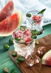  blurry bwlqq commentary_request cup cutting_board depth_of_field drink drinking_glass food food_focus fruit garnish glass ice ice_cube leaf lime_(fruit) lime_slice no_humans original realistic still_life water watermelon watermelon_slice 