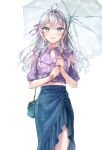  ahoge alisa_mikhailovna_kujou bag blue_bag blue_eyes blush clothing_cutout commentary_request cover cover_image cover_page cowboy_shot dress floating_hair floral_print furrowed_brow grey_hair hair_ribbon handbag highres holding holding_umbrella looking_at_viewer manga_cover midriff official_art open_mouth purple_dress purple_ribbon ribbon simple_background standing tenacitysaho textless_version tokidoki_bosotto_roshia-go_de_dereru_tonari_no_arya-san umbrella white_background 