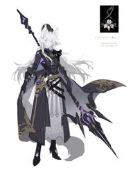  1girl animal_ears armor bai_qin belt black_cape black_footwear black_gloves black_shirt blue_eyes cape cape_cutout crossed_belts ear_tufts elbow_cutout fox_ears fox_girl fox_tail full_body gloves half-closed_eyes high_heels highres holding holding_polearm holding_weapon layered_clothes layered_gloves layered_skirt long_hair long_skirt multiple_belts original pauldrons photo_inset polearm reference_inset shirt shoulder_armor shoulder_strap side_cut simple_background single_pauldron sketch skirt solo standing tail weapon white_background white_hair white_shirt wind 