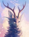  animal_focus antlers artist_name blue_sky clockbirds closed_mouth clouds commentary commission deer_antlers english_commentary eyelashes horns light_particles no_humans original outdoors simple_bird sky smile solo sunset upper_body watermark wind wolf 