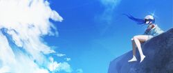  1girl absurdres baseball_cap black_camisole blue_archive blue_eyes blue_hair blue_halo camisole clouds denim denim_shorts halo hat headphones highres norio_(norio386) panorama saori_(blue_archive) saori_(swimsuit)_(blue_archive) shorts sky solo white_hat 