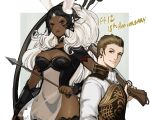  1boy 1girl animal_ears arrow_(projectile) balthier black_bodysuit black_vest bodysuit border bow_(weapon) breasts brown_hair closed_mouth covered_navel dark-skinned_female dark_skin earrings final_fantasy final_fantasy_xii fran_(ff12) gold_trim grey_background gun hair_slicked_back highres holding holding_arrow holding_bow_(weapon) holding_gun holding_weapon jewelry kyou_(ningiou) long_hair medium_breasts over_shoulder ponytail rabbit_ears rabbit_girl red_eyes shirt short_hair smile upper_body vest viera wavy_hair weapon weapon_over_shoulder white_border white_hair white_shirt 