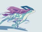  akira_(akira_art_poke) blue_skin closed_mouth colored_skin grey_background highres long_hair looking_ahead no_humans pokemon pokemon_(creature) prehensile_ribbon purple_hair red_eyes running simple_background solo suicune twitter_username very_long_hair 