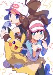  2girls baseball_cap blue_eyes brown_hair closed_mouth colored_skin commentary_request double_bun doughnut_hair_bun hair_bun hat high_ponytail highres hilda_(pokemon) looking_at_viewer multiple_girls omochi_(omotimotittona3) one_eye_closed open_mouth pantyhose pikachu poke_ball_print pokemon pokemon_(creature) pokemon_bw pokemon_bw2 print_headwear print_shirt rosa_(pokemon) shirt smile tail visor_cap yellow_skin 