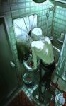  1boy bathroom bathtub blood broken_mirror dante_(devil_may_cry) devil_may_cry_(series) devil_may_cry_3 from_above holding indoors looking_at_mirror male_focus mirror muscular muscular_male nosebleed octopuskun2 reflection sink solo toned toned_male topless_male white_hair 