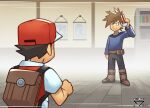  2boys arm_at_side artist_name backpack bag blue_oak boots brown_bag brown_footwear brown_hair closed_mouth commentary hand_up hat highres holding holding_poke_ball indoors jacket long_sleeves male_focus multiple_boys orlek pants poke_ball poke_ball_(basic) pokemon pokemon_rgby red_(pokemon) red_hat shirt short_hair short_sleeves smile spiky_hair standing wooden_floor 