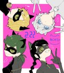  1girl 3boys adrien_agreste animal_ears bell black_bodysuit black_hair black_mask blonde_hair blue_eyes bodysuit braid cat_boy cat_ears cat_girl chat_blanc chat_noir chat_walker closed_mouth green_eyes green_hair jingle_bell lady_noir long_hair marinette_dupain-cheng mask miracharink0 miraculous_ladybug multiple_boys pink_background slit_pupils smile superhero_costume upper_body v white_bodysuit white_hair 