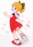  1girl absurdres blonde_hair blue_eyes bow dress full_body hair_bow highres looking_at_viewer looking_back mega_man_(classic) mega_man_(series) open_mouth ponytail red_dress roll_(mega_man) rorobo_15 short_sleeves smile solo 