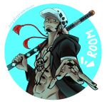 1boy 2023 black_hair black_nails chest_tattoo circle earrings facial_hair goatee hand_tattoo hat highres holding holding_sword holding_weapon jewelry keysandcrosses looking_at_viewer male_focus one_piece short_hair solo sword tattoo trafalgar_law twitter_username weapon 