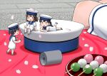  3girls absurdres black_hair blue_sailor_collar bob_cut chibi daitou_(kancolle) dango depth_charge dress fairy_(kancolle) food hat hiburi_(kancolle) highres kantai_collection low_ponytail lying multiple_girls on_stomach petals porusasu sailor_collar sailor_dress sailor_hat sanshoku_dango short_ponytail short_sleeves shounan_(kancolle) sitting twintails wagashi white_dress white_hat 