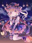  1girl bat_wings black_dress blonde_hair crystal dress flandre_day flandre_scarlet halloween halloween_costume happy_halloween hat hat_ribbon hiyuu_(hiyualice) jack-o&#039;-lantern lamp mob_cap moon multicolored_wings one_side_up puffy_short_sleeves puffy_sleeves pumpkin red_eyes red_skirt ribbon short_sleeves side_ponytail skirt skirt_set striped_clothes striped_thighhighs thigh-highs touhou white_hat wings 