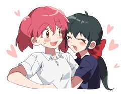  2girls arm_hug azumaya_koyuki black_hair blue_shirt blush_stickers bow closed_eyes collared_shirt commentary_request hair_bow heart hinata_natsumi keroro_gunsou multiple_girls open_mouth pink_hair red_bow red_eyes shirt short_sleeves simple_background ta_gk twintails upper_body white_background white_shirt yuri 