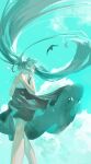  1girl bird black_dress blue_theme chi_chi3939 clouds dress hatsune_miku highres holding holding_sketchbook long_hair looking_up sketchbook sky solo the_forgotten_song_(vocaloid) twintails very_long_hair 