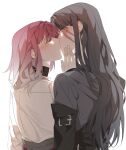 2girls absurdres black_coat black_hair blush closed_eyes coat ear_blush from_behind gradient_hair hand_on_another&#039;s_face highres illusion_moon kiss multicolored_hair multiple_girls path_to_nowhere pink_hair rahu_(path_to_nowhere) scar scar_across_eye shalom_(path_to_nowhere) shirt simple_background upper_body white_background white_shirt yuri 