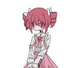  1girl alternate_costume black_choker bow bowtie cho_(cho_utu00) choker closed_mouth cross-laced_clothes cross-laced_sleeves drill_hair frilled_shirt frills hair_bow highres kasane_teto long_sleeves looking_at_viewer own_hands_together pink_bow pink_bowtie pink_ribbon pink_skirt red_eyes redhead ribbon shirt simple_background skirt smile solo standing twin_drills upper_body utau v_arms white_background white_bow white_shirt 