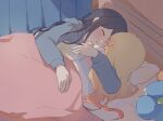  2girls blonde_hair blush closed_eyes cuddling ear_blush gradient_hair grey_hair grey_hoodie highres hood hoodie hoshino_ichika_(project_sekai) indoors long_hair multicolored_hair multiple_girls on_bed orange_hair pann_(1202zzzx00) parted_lips project_sekai sleeping stuffed_toy tenma_saki under_covers yuri 