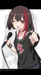  bang_dream! black_shirt blush bracelet character_request commentary dated happy_birthday highres holding holding_microphone jewelry kai3700 letterboxed long_hair looking_at_viewer microphone mitake_ran multicolored_hair one_eye_closed open_mouth red_eyes redhead shirt short_hair short_sleeves sidelocks streaked_hair translated twitter_username 