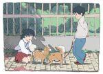  1boy 1girl arai_youjirou black_hair blue_pants commentary_request day dog full_body holding holding_leash kneeling leash long_sleeves medium_hair open_mouth original outdoors pants red_skirt shiba_inu short_hair skirt standing 