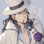  1boy black_hair blue_shirt closed_mouth coat collared_shirt commentary_request facial_hair flower goatee hat long_hair looking_at_viewer male_focus numbered one_piece purple_flower purple_rose rob_lucci rose shirt solo top_hat upper_body v-shaped_eyebrows white_coat white_hat yoshicha 