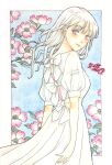  1girl absurdres back_bow bow branch dogwood_(flower) dress flower from_side highres long_hair looking_at_viewer mettsuo original outside_border painting_(medium) pink_eyes puffy_sleeves signature solo traditional_media watercolor_(medium) white_background white_bow white_dress white_hair 