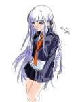  1girl black_gloves black_ribbon braid breasts collared_shirt commentary_request cropped_legs danganronpa:_trigger_happy_havoc danganronpa_(series) gloves hair_ribbon jacket kirigiri_kyoko long_hair long_sleeves looking_at_viewer necktie open_clothes orange_necktie pio_(kari) purple_hair ribbon shirt side_braid skirt solo violet_eyes 