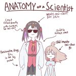  2girls :3 absurdres anatomy_of_a_gamer_(meme) arrow_(symbol) belt black_hair black_skirt bolo_tie coat commentary derivative_work english_commentary english_text facing_viewer fancy_penguin2 hair_ornament hair_ribbon hairclip hands_in_pockets height_difference highres long_hair looking_at_viewer medium_hair meme multicolored_hair multiple_girls onii-chan_wa_oshimai! open_clothes open_coat oyama_mahiro oyama_mihari parody pink_hair purple_hair red_ribbon red_shirt ribbon shirt siblings simple_background sisters skirt smile smug straight-on sunglasses t-shirt twintails two-tone_hair untucked_shirt white_background white_shirt 