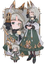  1girl =_= animal_ear_fluff animal_ears black_collar blush_stickers border brown_pantyhose capelet chibi closed_eyes closed_mouth collar commission flower frilled_shirt_collar frilled_sleeves frills green_capelet green_eyes green_nails green_skirt grey_hair hair_ornament kasa_(hitori_sanka) long_skirt long_sleeves looking_at_viewer medium_hair monocle multicolored_hair multiple_views original own_hands_together pantyhose rabbit_ears rose scissors shirt skeb_commission skirt smile streaked_hair white_border white_flower white_rose white_shirt 