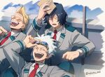  3boys ^_^ adjusting_goggles against_wall aged_down annoyed arm_up balcony bandaid bandaid_on_face bandaid_on_nose bangs_pinned_back black_eyes black_hair blazer blonde_hair blue_hair blue_pants blurry blurry_background blush boku_no_hero_academia book brush_stroke buttoned_cuffs buttons closed_eyes clouds collared_shirt commentary_request day double_horizontal_stripe eraser_head_(boku_no_hero_academia) eyes_visible_through_hair goggles goggles_on_head grey_jacket hair_between_eyes hand_on_goggles hand_up happy highres holding holding_book jacket knees_up lapels leaning_back leaning_on_person light_blue_hair long_sleeves loud_cloud lower_teeth_only male_focus multiple_boys nakamu_405 necktie notched_lapels on_floor open_mouth orange-tinted_eyewear outside_border pants partial_commentary pointing pointing_at_another present_mic quiff reclining red_necktie reflection school_uniform shadow shirt short_hair side-by-side sitting smile sunglasses sweatdrop teeth tinted_eyewear tongue tongue_out twitter_username u.a._school_uniform upper_body v-shaped_eyebrows white-framed_eyewear white_shirt wing_collar 
