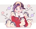  1boy :d backwards_hat baseball_cap black_hair black_hat blush closed_eyes commentary_request cyndaquil ethan_(pokemon) flower grey_eyes hat holding holding_pokemon jacket kinu_(kinuhoshizora21) letterboxed long_sleeves male_focus notice_lines on_shoulder open_mouth pokemon pokemon_(creature) pokemon_hgss pokemon_on_shoulder red_jacket short_hair smile teeth upper_body upper_teeth_only zipper_pull_tab 