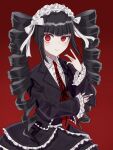  1girl black_hair black_nails bonnet celestia_ludenberg center_frills claw_ring danganronpa:_trigger_happy_havoc danganronpa_(series) drill_hair frilled_jacket frills gothic_lolita hand_up highres jacket jewelry layered_skirt lolita_fashion long_hair long_sleeves looking_at_viewer nail_polish necktie print_necktie red_background red_eyes red_necktie simple_background skirt smile solo twin_drills twintails wei_migan 