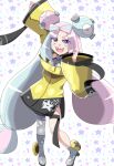  1girl blue_hair character_hair_ornament coat grey_footwear grey_pantyhose hair_ornament highres igarashi_gozo iono_(pokemon) long_hair looking_at_viewer magnemite multicolored_hair open_mouth pantyhose pink_hair pokemon pokemon_sv sharp_teeth single_leg_pantyhose sleeves_past_wrists smile teeth thigh_strap twintails two-tone_hair upper_teeth_only very_long_hair violet_eyes yellow_coat 