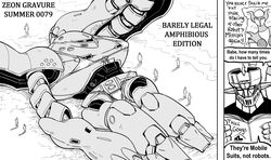  6+others absurdres bb_(baalbuddy) beach bikini commentary english_commentary english_text greyscale gundam highres hygogg magazine_(object) mecha monochrome multiple_others robot shore silhouette speech_bubble swimsuit water 