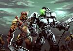  2boys artist_name bionicle clouds dual_wielding glowing glowing_eyes green_eyes highres holding holding_polearm holding_sword holding_weapon jaller_(bionicle) kanohi_(bionicle) male_focus mask multiple_boys polearm prog_ares rahkshi_(bionicle) rahkshi_of_heat_vision red_eyes sky spear spikes standing sword takanuva_(bionicle) the_lego_group weapon 