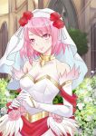  1girl bare_shoulders bouquet braid dress fire_emblem fire_emblem_engage fire_emblem_heroes lapis_(fire_emblem) lapis_(mighty_bride)_(fire_emblem) looking_at_viewer official_alternate_costume pink_hair red_eyes single_braid solo sylphy_fe wedding_dress 