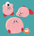  :i blue_background blush_stickers colored_skin flying_sweatdrops food holding holding_food kirby kirby&#039;s_dream_buffet kirby_(series) looking_at_another ni_re no_humans onigiri pink_skin simple_background solid_oval_eyes waddle_dee 