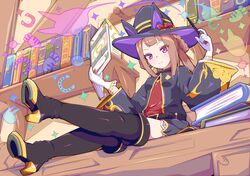  absurdres animal_ears book boots breasts closed_mouth commentary_request gloves hair_rings hat highres horse_ears horse_girl horse_tail kan_lee long_hair looking_at_viewer magic sitting small_breasts smile solo sweep_tosho_(umamusume) table tail twintails umamusume wand witch_hat 