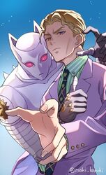  1boy blonde_hair cheekbones collared_shirt formal gloves jojo_no_kimyou_na_bouken killer_queen kira_yoshikage long_sleeves looking_at_viewer maki_haruki male_focus necktie necktrie pinstripe_pattern pinstripe_shirt purple_suit shirt short_hair simple_background solo stand_(jojo) striped_clothes striped_shirt suit twitter_username upper_body violet_eyes 