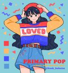  1980s_(style) 1girl arms_up artist_name belt black_eyes blue_background blue_hair blue_sweater brown_belt color_guide colorful cowboy_shot denim denim_shorts earrings emily_kim english_text gold_earrings hat highres hoop_earrings jewelry long_hair looking_at_viewer orange_sweater original patterned_background red_hat red_sweater retro_artstyle shorts solo squiggle sweater 