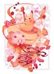  alcremie alcremie_(strawberry_sweet) alolan_raichu banana banana_slice blackberry_(fruit) character_cookie character_food combee cutiefly cyndaquil food fruit furfrou holding honey honey_dipper litwick luvdisc milcery minior n:go no_humans oversized_food oversized_object pancake pikachu pokemon pokemon_(creature) ribbon slurpuff strawberry strawberry_slice syrup wigglytuff 