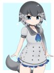  1girl ascot black_bow blue_ascot blue_background blue_eyes blush bow breasts cetacean_tail closed_mouth commentary_request cowboy_shot dress fins fish_tail frilled_dress frills grey_dress grey_hair grey_sailor_collar hair_bow heart highres kemono_friends lets0020 looking_at_viewer medium_bangs narwhal_(kemono_friends) puffy_short_sleeves puffy_sleeves sailor_collar sailor_dress short_dress short_sleeves simple_background single_sidelock small_breasts smile solo spotted_hair tail two-tone_background white_background 