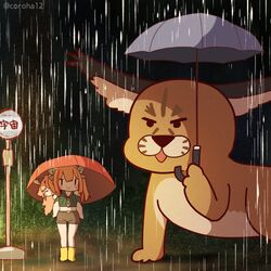  2girls animal animal_ears boots brown_hair bus_stop caracal_(kemono_friends) cat cat_ears cat_girl coroha extra_ears indie_virtual_youtuber irodori_mayoi jacket kemono_friends kemono_friends_v_project long_hair looking_at_viewer multiple_girls necktie orange_hair parody rain ribbon shorts studio_ghibli tonari_no_totoro umbrella virtual_youtuber 