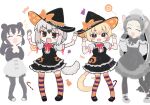  4girls :d ^_^ animal_ears arms_up black_dress black_hair black_hat black_pantyhose black_shirt blonde_hair blush blush_stickers bow brown_eyes candy candy_cane candy_wrapper character_request closed_eyes commission dress food grey_hair grey_shirt hair_between_eyes hands_up hat hat_bow highres kemono_friends kibisake lollipop multiple_girls notice_lines orange_bow pantyhose puffy_short_sleeves puffy_sleeves shirt short_sleeves simple_background skeb_commission skirt sleeveless sleeveless_dress smile standing striped_clothes striped_thighhighs swirl_lollipop tail thigh-highs white_background white_skirt witch_hat wrist_cuffs 