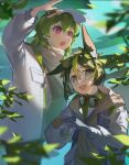  1boy 1girl animal_ears arm_up blunt_ends blurry collei_(genshin_impact) collei_(kiehls&#039;)_(genshin_impact) commentary container depth_of_field flower fox_boy fox_ears genshin_impact glasses gloves goggles goggles_around_neck green_eyes green_hair green_shirt hair_between_eyes hair_flower hair_ornament hand_on_another&#039;s_head hand_up hands_up high_collar highres holding jacket leaf lid light_blush long_sleeves medium_hair multicolored_hair notice_lines open_mouth outdoors poscorn617 puffy_long_sleeves puffy_sleeves round_eyewear shirt short_hair smile streaked_hair symbol-only_commentary teeth tighnari_(genshin_impact) tighnari_(kiehls&#039;)_(genshin_impact) turtleneck turtleneck_shirt two-tone_hair upper_teeth_only violet_eyes visor_cap white_flower white_gloves white_jacket white_shirt 
