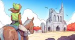  1girl belt belt_pouch bird boots brellom building clouds floating_hair from_behind genderswap genderswap_(mtf) hat horse horseback_riding link outdoors pointy_ears pointy_hat pouch reins riding rock ruins the_legend_of_zelda tree 
